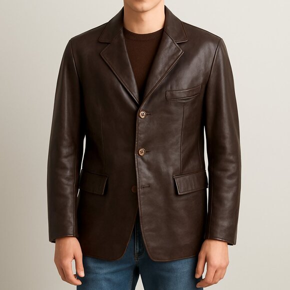 Vecchia Firenze Men’s EU 54 XL Genuine Leather Blazer Italian Jacket Brown